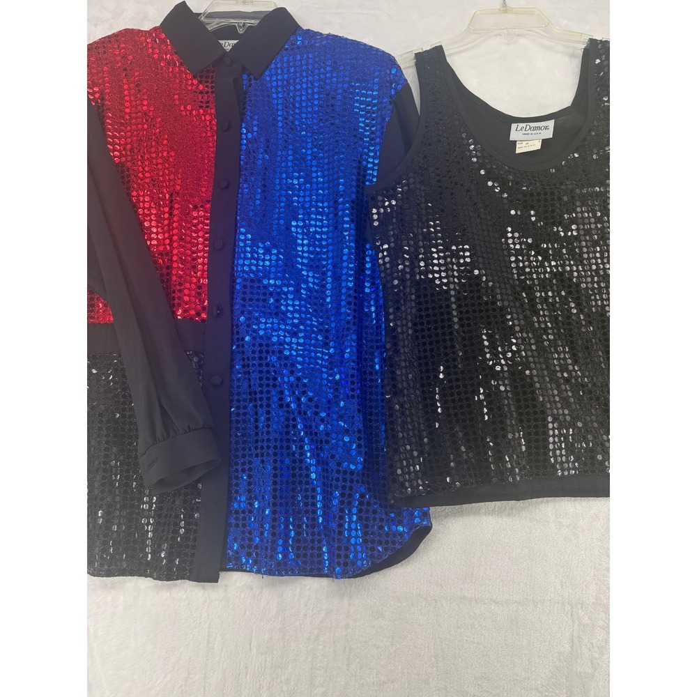 Le Damor 2-Piece Set Womens 10 Shirt Tank Top Multicolor Sequin Colorblock Vtg